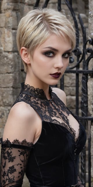 Generate hyper realistic image of a blonde vamp with a pixie cut, gothic makeup, and a dark velvet gown with lace details, playfully haunting a castle courtyard with ancient stone walls and wrought-iron gates.up close