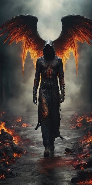  Create a hyper realistic image of hell and its surroundings,  Angel walking foward.colourful , wide , specific, dark , grim, .,photo r3al