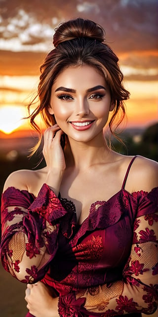 Generate hyper realistic image of a stunning model capturing a selfie against the backdrop of a mesmerizing sunset. Emphasize the warm hues of the evening sky, complemented by the model's radiant smile, flawless makeup, and perfect hairstyle.