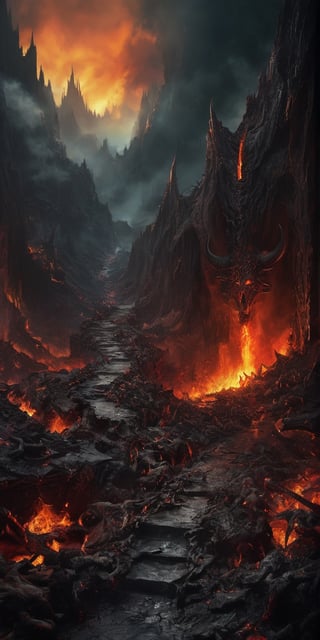  Create a hyper realistic image of hell and its surroundings, colourful , wide , specific, dark , grim, .,photo r3al