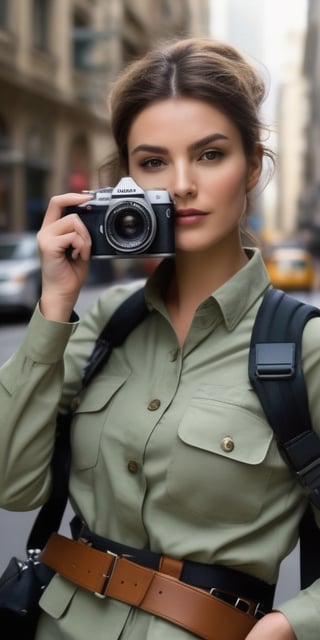 Generate hyper realistic image of a woman in urban photography expedition attire—utilitarian yet chic outfit, camera in hand—as she captures the intricate details of city architecture in an exploration of visual storytelling.((upper body))