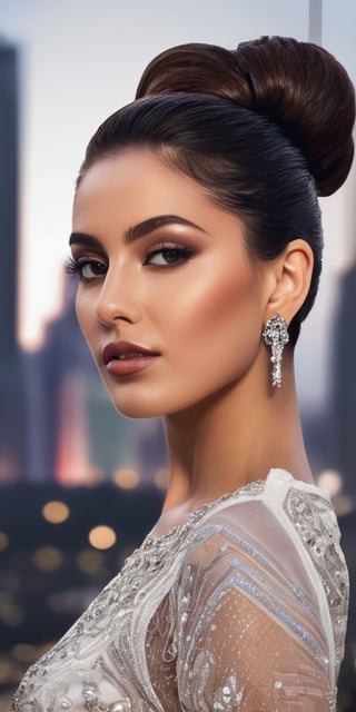 Generate hyper realistic image of a scene featuring a cosmopolitan and sophisticated Arab woman with a sleek updo, dressed in elegant modern attire, attending a high-profile fashion show with a glamorous city skyline as the backdrop.Extremely Realistic, up close, 