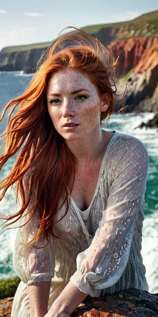 Generate hyper realistic image of a woman with a windswept mane of fiery red hair, her freckled shoulders exposed as she stands on a cliffside overlooking a rugged coastline, the crashing waves below creating a symphony of sound.