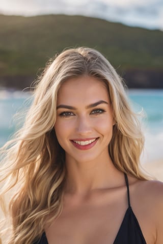 create a hyper realistic image of beautiful woman   shyly smiling at viewer, Long natural blonde hair, wavy hair, walking in hawaii beach , fancy bikini long dark eyebrows, long eyelashes, 
 red lips,make up,, background of blurred outside , 8k, high detailed, sharp focus.,