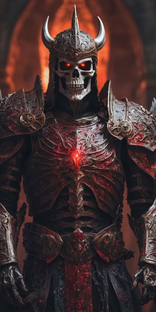  create a Skeleton god wearing blood armor. background of underworld.fierce looking, glowin red eyes, godly armor., sharp focus, high detailed.