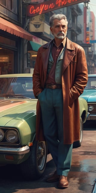 Generate hyper realistic image of a cyberpunk city where a middle-aged man, dressed in retro-inspired clothing, stands near his vintage car. With a wistful expression, he reminisces about the days when cars were fueled by gasoline and the open road was a symbol of freedom, longing for the simplicity and nostalgia of a bygone era