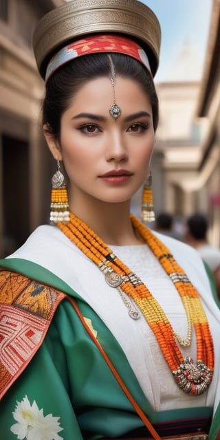 Generate hyper realistic image of a woman in cultural district immersion attire—stylish ensemble inspired by local culture and traditions, her eyes alive with curiosity as she explores museums, galleries, and historic landmarks.((upper body))