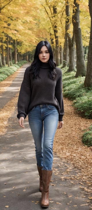 Generate hyper realistic image of a woman with long, black hair styled elegantly, wearing a sweater and denim jeans while standing amidst the beauty of autumn foliage. With long sleeves and brown boots, she exudes a sense of serenity as she walks through the outdoor scenery, surrounded by trees and leaves.