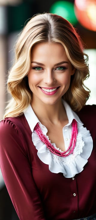 Generate hyper realistic image of a woman with long blonde hair, looking at the viewer with a smile and green eyes. She has one eye closed, wearing a shirt with frills, and a necklace. Her fingernails are painted red, and her lips are also red. She has detailed facial features, clear skin, and dimples that highlight her bright smile. Her eyelashes are prominent, and she has light brown hair strands mixed with the blonde. The background is blurry, making her the focal point. She has her hands on her face, showcasing pink nails, and her forehead is visible.