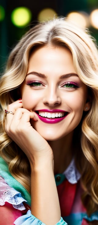 Generate hyper realistic image of a woman with long blonde hair, looking at the viewer with a smile and green eyes. She has one eye closed, wearing a shirt with frills, and a necklace. Her fingernails are painted red, and her lips are also red. She has detailed facial features, clear skin, and dimples that highlight her bright smile. Her eyelashes are prominent, and she has light brown hair strands mixed with the blonde. The background is blurry, making her the focal point. She has her hands on her face, showcasing pink nails, and her forehead is visible.