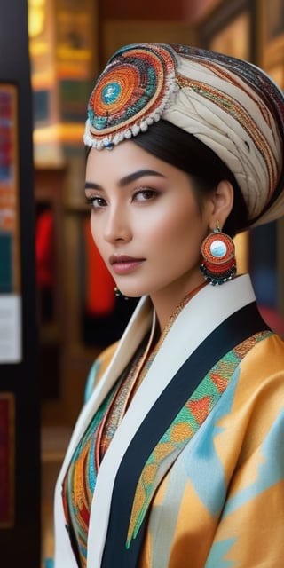 Generate hyper realistic image of a woman in cultural district immersion attire—stylish ensemble inspired by local culture and traditions, her eyes alive with curiosity as she explores museums, galleries, and historic landmarks.((upper body))