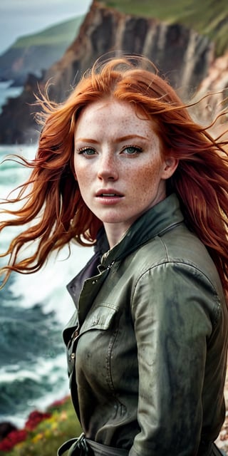 Generate hyper realistic image of a woman with a windswept mane of fiery red hair, her freckled shoulders exposed as she stands on a cliffside overlooking a rugged coastline, the crashing waves below creating a symphony of sound.