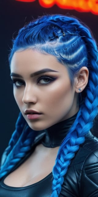 Generate hyper realistic image of a woman with electric blue braided hair, wearing a futuristic-inspired outfit, posing against a backdrop of neon lights and cyberpunk aesthetics. The bold and avant-garde setting is highlighted in a fashion editorial style..highly detailed, sharp focus.8k,photography style,Extremely Realistic,Sexy