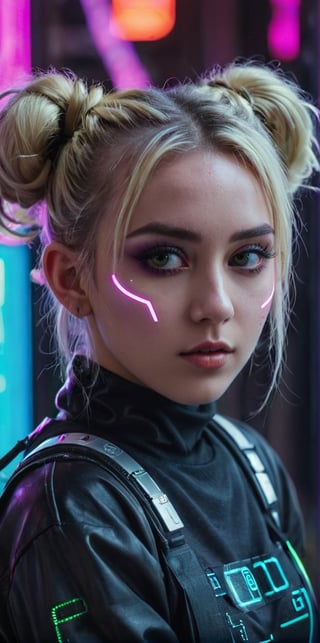 Generate hyper realistic image of a playful blonde with futuristic space buns, neon makeup, and a cyberpunk-inspired outfit, playfully posing in a gritty cyberpunk alley illuminated by neon lights and holographic billboards.up close