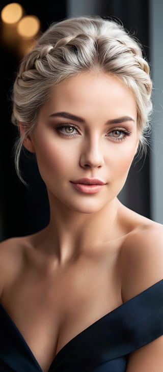 Generate hyper realistic image of a woman depicted in a sophisticated and elegant manner. She has long, silver-blonde hair styled in a loose braid that falls over her shoulder, with a few strands framing her face. Tan complexion with large, expressive grey eyes, a confident expression, and soft, natural makeup. She is wearing a form-fitting, off-the-shoulder white dress with three-quarter sleeves. The dress accentuates her figure, giving her a glamorous and refined look. 