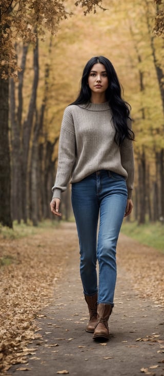 Generate hyper realistic image of a woman with long, black hair styled elegantly, wearing a sweater and denim jeans while standing amidst the beauty of autumn foliage. With long sleeves and brown boots, she exudes a sense of serenity as she walks through the outdoor scenery, surrounded by trees and leaves.