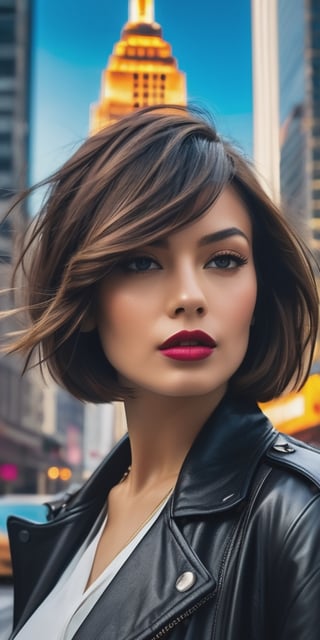 Generate hyper realistic image of a fashionable woman with a chic bob haircut, wearing modern urban attire, walking through a bustling cityscape with skyscrapers and vibrant street art, exuding confidence and contemporary style.photography style,Extremely Realistic,