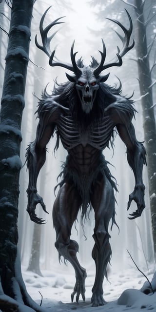 Generate hyper realistic image of a bone-chilling image of a monstrous wendigo, its skeletal form draped in icy, tattered fur, stalking through a snow-covered forest with hollow eyes reflecting the hunger for human flesh.highly detailed, sharp focus.8k,photography style,Extremely Realistic, 