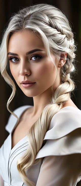 Generate hyper realistic image of a woman depicted in a sophisticated and elegant manner. She has long, silver-blonde hair styled in a loose braid that falls over her shoulder, with a few strands framing her face. Tan complexion with large, expressive grey eyes, a confident expression, and soft, natural makeup. She is wearing a form-fitting, off-the-shoulder white dress with three-quarter sleeves. The dress accentuates her figure, giving her a glamorous and refined look. 