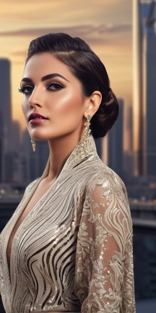 Generate hyper realistic image of a scene featuring a cosmopolitan and sophisticated Arab woman with a sleek updo, dressed in elegant modern attire, attending a high-profile fashion show with a glamorous city skyline as the backdrop.Extremely Realistic, up close, 