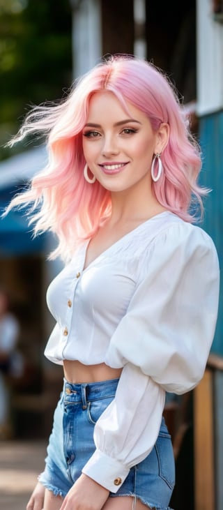 Generate hyper realistic image of a woman with long pink hair styled in a braid, with bangs gently resting on her forehead. She stands outside, smiling at the viewer while wearing a white shirt with puffy sleeves and high-waist shorts. The shirt has long sleeves that puff out, creating a stylish appearance. A ring adorns her finger, and she has earrings that catch the light. Her hair cascades over one shoulder, and the background is blurry, making her the focal point of the cowboy shot.