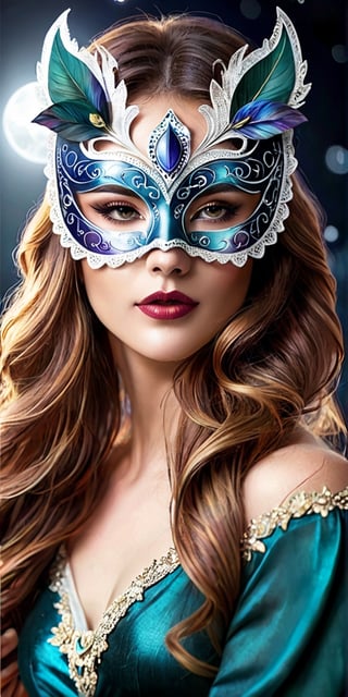 Generate hyper realistic image of a mysterious beauty portrait with the woman adorned in a moonlit masquerade mask. Experiment with shadows and moonlight to enhance the allure and mystique of the masquerade theme.