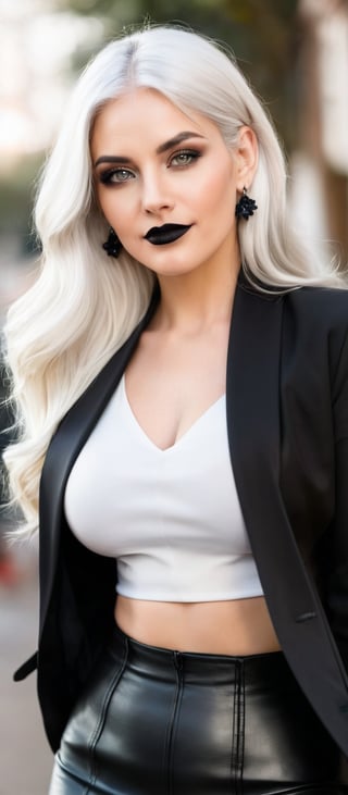 Generate hyper realistic image of a woman with long white hair, wearing a white collared shirt with an open black jacket. The outfit reveals a bit of cleavage and includes a black high-waist skirt, accompanied by black pantyhose. She stands, looking directly at the viewer, her long sleeves elegantly covering her arms at her sides. Her large breasts are noticeable, and she is adorned with jewelry and earrings. Her makeup includes black lipstick, and she has a subtle floral print accessory. Her grey eyes are striking, and she wears a warm smile.