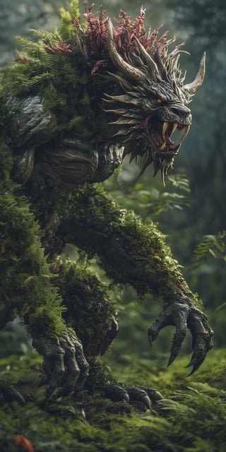  create a plant monster born to protect nature from humans.loving to earth ir hatred towards humans.he is resembling plants and animal beast.background of nature, sharp focus, high detailed.