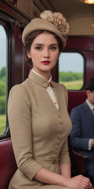 Generate hyper realistic image of a vintage train journey photoshoot. Dress the lady in period-appropriate attire and capture the nostalgia of a bygone era.up close,Extremely Realistic,<lora:659095807385103906:1.0>