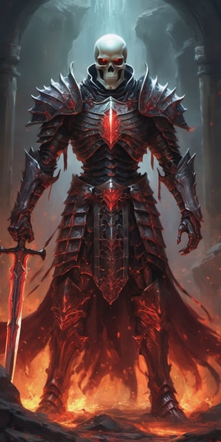  create a Skeleton god wearing blood armor. background of underworld.fierce looking, glowin red eyes, godly armor., sharp focus, high detailed.,more detail XL