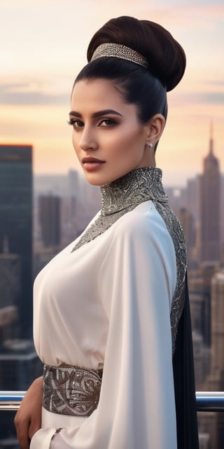 Generate hyper realistic image of a scene featuring a cosmopolitan and sophisticated Arab woman with a sleek updo, dressed in elegant modern attire, attending a high-profile fashion show with a glamorous city skyline as the backdrop.Extremely Realistic, up close, 