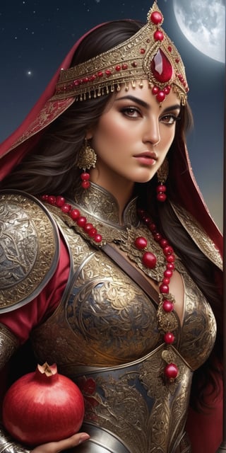 Generate hyper realistic image of a Persian warrioress under the moonlight, with armor inspired by the symbolism of pomegranates. The Moonlit Pomegranate Warrioress wields a weapon resembling the fruit's seeds, representing fertility and abundance on the battlefield.