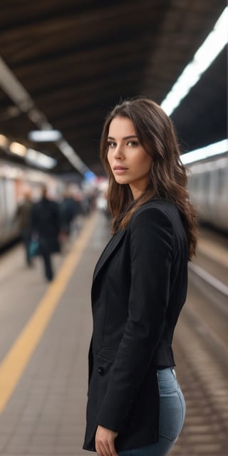  Create a beautiful brunnette women standing in underground train station, near upcoming blurred fast train. high detailed, sharp focus, up close