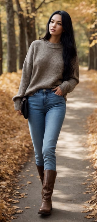 Generate hyper realistic image of a woman with long, black hair styled elegantly, wearing a sweater and denim jeans while standing amidst the beauty of autumn foliage. With long sleeves and brown boots, she exudes a sense of serenity as she walks through the outdoor scenery, surrounded by trees and leaves.