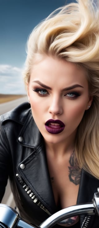 Generate hyper realistic image of a roaring motorcycle, a fierce woman with a facial tattoo exudes an aura of rebellion as she speeds down the open road. Her blonde hair flows freely behind her, contrasting with the dark lipstick that adorns her lips. With a confident grip on the handles, she glances over her shoulder, her piercing gaze meeting yours for a moment before she turns her attention back to the open highway.