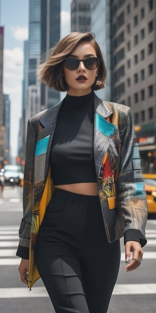 Generate hyper realistic image of a fashionable woman with a chic bob haircut, wearing modern urban attire, walking through a bustling cityscape with skyscrapers and vibrant street art, exuding confidence and contemporary style.photography style,Extremely Realistic,