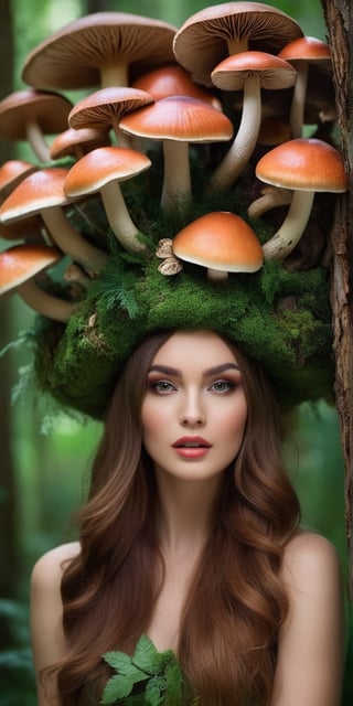 Generate hyper realistic image of a whimsical portrait of a model woman in a forest filled with oversized mushrooms. Showcase her playful expressions, captivating eyes, and makeup that adds to the fairy-tale charm, with a hairstyle adorned with forest-inspired elements.