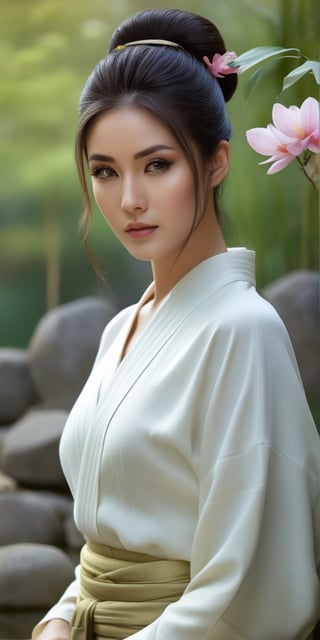 Generate hyper realistic image of a model woman in a Zen garden, exuding tranquility. Highlight her peaceful expressions, stunning eyes, and makeup that enhances the zen-like ambiance, with a hairstyle that adds to the overall harmony.