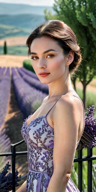 Generate hyper realistic image of a woman with a slender neck and graceful collarbones leans against a wrought-iron fence, overlooking a vibrant lavender field in the French countryside, the scent of blooming flowers filling the air.