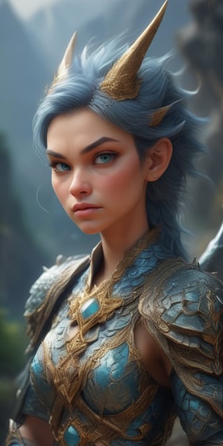 Generate hyper realistic image of an azure dragoon champion, a female warrior with dragon-like armor and a tail wielding a spear. The background could showcase a fantastical kingdom or a citadel perched on a mountain..up close, portrait,<lora:659095807385103906:1.0>