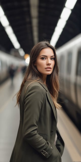  Create a beautiful brunnette super model woman standing in underground train station, near upcoming blurred fast train. high detailed, sharp focus of the women, up close