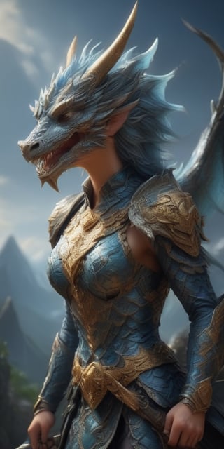 Generate hyper realistic image of an azure dragoon champion, a female warrior with dragon-like armor and a tail wielding a spear. The background could showcase a fantastical kingdom or a citadel perched on a mountain..up close, portrait,<lora:659095807385103906:1.0>