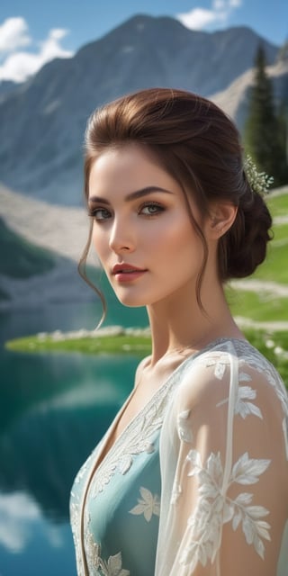 Generate hyper realistic image of a serene image of a model woman near a glistening alpine lake, surrounded by mountainous beauty. Capture her peaceful expressions, stunning eyes, and makeup that resonates with the pristine nature, with a hairstyle that complements the mountainous backdrop.