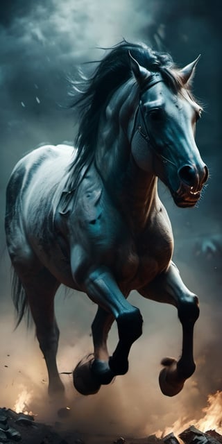 Create a Horse from hell running towards viewer, agressive, zombified,screeching, craving for human meat. cloudy night, sharp focus, highly detailed,