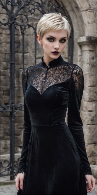 Generate hyper realistic image of a blonde vamp with a pixie cut, gothic makeup, and a dark velvet gown with lace details, playfully haunting a castle courtyard with ancient stone walls and wrought-iron gates.up close