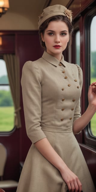 Generate hyper realistic image of a vintage train journey photoshoot. Dress the lady in period-appropriate attire and capture the nostalgia of a bygone era.up close,Extremely Realistic,<lora:659095807385103906:1.0>