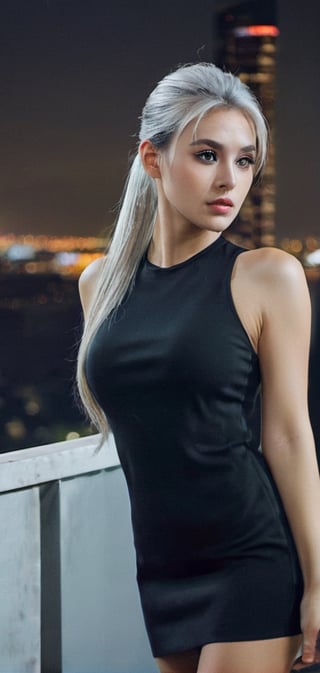 Create a stunning women, looking at viewer,, long hair, white hair, pretty face, ponytail, seductive, cityscape, at night, on top of a skyscraper, short dress, tight shiny skin, cold colors,photo r3al,detailmaster2