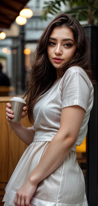 Create a beautiful woman drinking coffee outside coffee shop ,wearing a white silk dress, looking at the viewer,very curvy figure, vivid colors, brown hair, big and beautiful eyelashes, light_grey_eyes, black lips,looking happy.,Makeup,Realism,Epicrealism