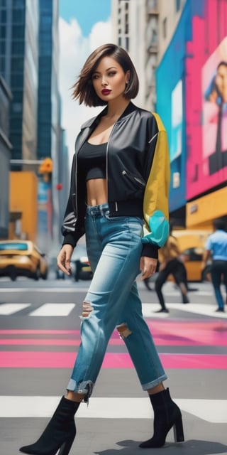 Generate hyper realistic image of a fashionable woman with a chic bob haircut, wearing modern urban attire, walking through a bustling cityscape with skyscrapers and vibrant street art, exuding confidence and contemporary style.photography style,Extremely Realistic,