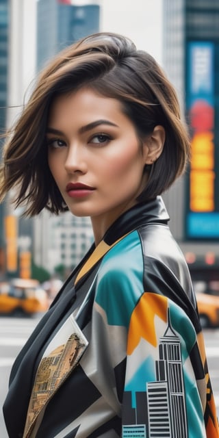 Generate hyper realistic image of a fashionable woman with a chic bob haircut, wearing modern urban attire, walking through a bustling cityscape with skyscrapers and vibrant street art, exuding confidence and contemporary style.photography style,Extremely Realistic,